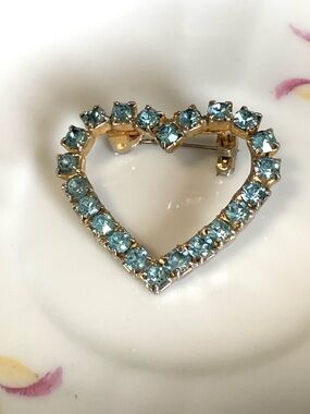 Gold Heart Brooch with Light Blue Crystals